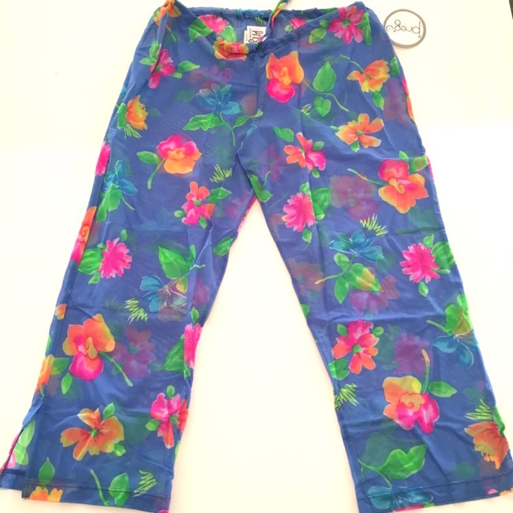 New Under belly mesh crop pant by Prego Tropical Print Turquoise Pink